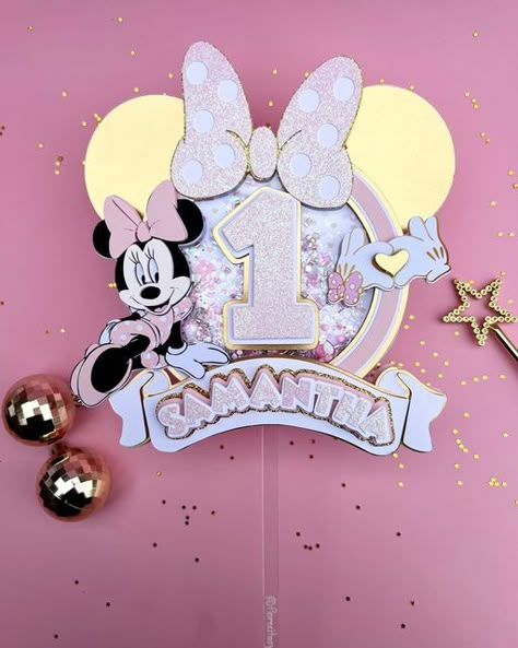 Rosita | on Instagram: "We’ve reached the end of this cute custom party package 🎀 Light pink and gold Minnie Cake topper #caketoppers #caketopperideas #firstbirthday" Minnie Mouse Table Settings, Minnie Mouse 3d Cake Topper, Minnie Golden, Minnie Cake Topper, Minnie Mouse Table, Mickey Mouse Cake Topper, Minnie Mouse Cake Topper, Minnie Mouse Birthday Decorations, 3d Cake Toppers