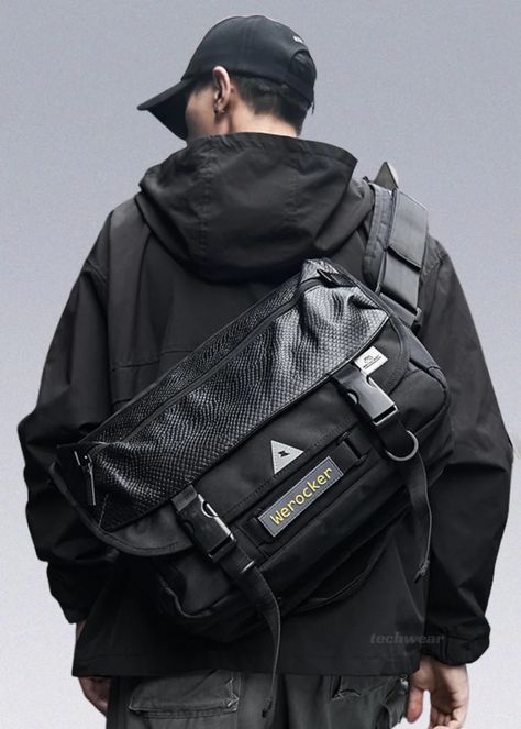 Cyberpunk Bag, Messenger Bag Aesthetic, Techwear Backpack, Black Leather Texture, Alphabet Decoration, Futuristic Photoshoot, Techwear Bag, Mens Techwear, Futuristic Accessories