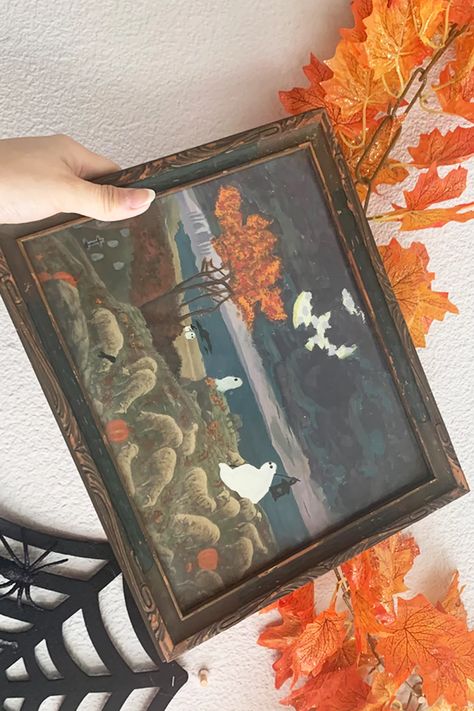 Paintings For Halloween, Thrift Painting, Thrifted Halloween, Ghost Paintings, Thrift Store Art, Halloween Playlist, Ghost Painting, Ghost Pillow, Witchy Nails