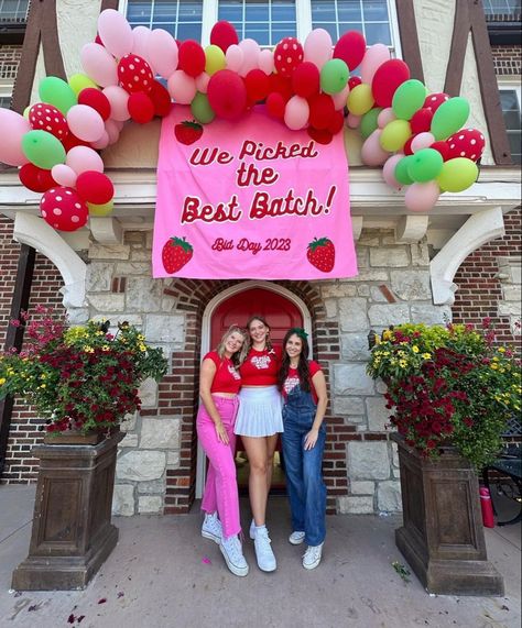 Fruit Bid Day Theme, Strawberry Bid Day Theme, Cherry Bid Day Theme, Strawberry Sorority, Sorority Branding, Bidday Themes, Sisterhood Activities, Sorority Aesthetic, Sorority Recruitment Themes