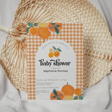 Orange Gingham Citrus Baby Shower Invitation - Baby Shower Summer Citrus Baby Shower Ideas, Orange Theme Baby Shower Ideas, Citrus Baby, Summer Invitation, Baby Shower Party Invitations, Orange Gingham, Orange Baby Shower, Orange Party, Pregnancy Style