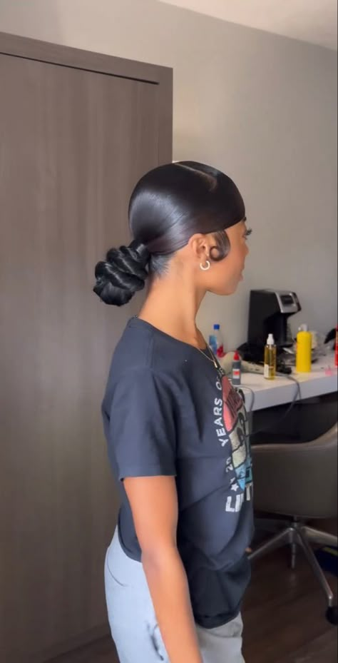 Sleek Bun With Weave, Swoop With A Bun, Slick Back Bun With Extensions, Slick Back Knot Bun With Swoop, Swoop Back Bun, Sleek Ponytails For Black Women, Braid With Swoop, Slick Down Ponytail, Swoop Bun Weave