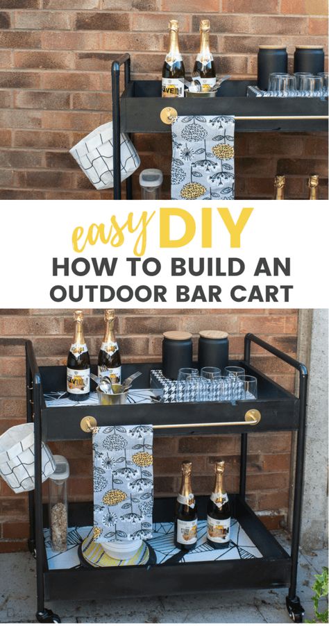 How to create a diy outdoors rolling bar cart / Rolling Bar Cart Diy, Outdoor Bar And Grill, Diy Bar Cart, Diy Outdoor Bar, Copper Pipes, Rolling Bar Cart, Gold Bar Cart, Outside Bars, Bar Cart Styling