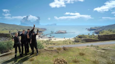 A snapshot of the bros on the way to Galdin Quay with the island of Angelgard in the background.  #ffxv #finalfantasyxv #galdinquay #angelgard #chocobros Ffxv Aesthetic, The Bros, Your Trash, Group Picture, 3 Am, Group Pictures, Final Fantasy Xv, Final Fantasy, The One