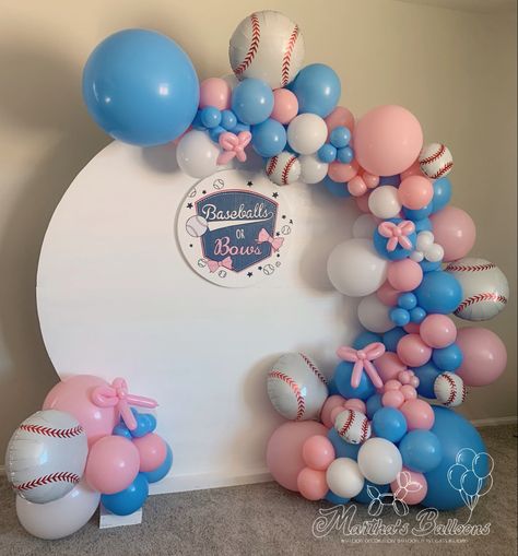 Bows Or Balls Gender Reveal, Baseballs And Bows Gender Reveal Decorations, Sporty Gender Reveal Ideas, Baseball Vs Bows Gender Reveal, Sport Gender Reveal, Gender Reveal Ideas Baseball Theme, Baseball Or Ballet Gender Reveal, Gender Reveal Ideas Baseball And Bows, Balls Or Bows Gender Reveal