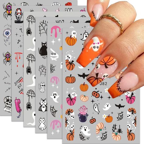 PRICES MAY VARY. Quantity: You will get 6 sheets Halloween nail art stickers in this package, you can find the patterns you like and create your own style. Fun Design: Designed for Halloween festivals and parties. There are skulls, bat, ghosts, pumpkins, spider web, horror bloody, black cat etc. which can offer you multiple choices, satisfy your rich imagination of nail DIY and create your own nail style. Material: Halloween nail decals are made of reliable materials, safe and non-toxic, Perfect Nail Design Diy, How To Paint Spider Webs On Nails, Halloween Nail Sticker Ideas, Web Horror, Halloween Nails Web, Halloween Sticker Nail Art, Pumpkin Spider Web, Halloween Nail Design, Holiday Nails Diy