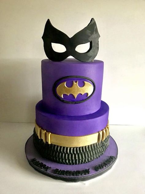 Bat Girl Cake 2 tier fondant cake 9" and 7" to resemble bat girl outfit from super girls Batgirl Cake Ideas, Batgirl Party Ideas, Dc Superhero Girls Cake, 2 Tier Fondant Cake, Batgirl Cake, Batgirl Party, Cake 2 Tier, Superhero Cakes, Wonder Woman Party