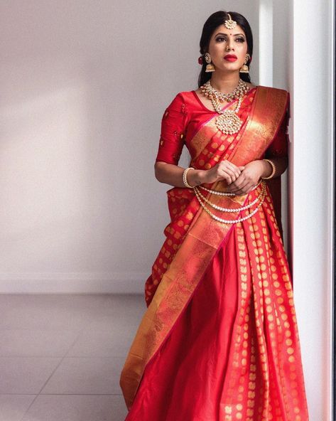 South Indian Bride Saree, Sari Lehenga, Lehenga Saree Design, Half Saree Lehenga, Saree Draping Styles, Indian Bridal Sarees, Sari Design, Wedding Saree Collection, Lehenga Style