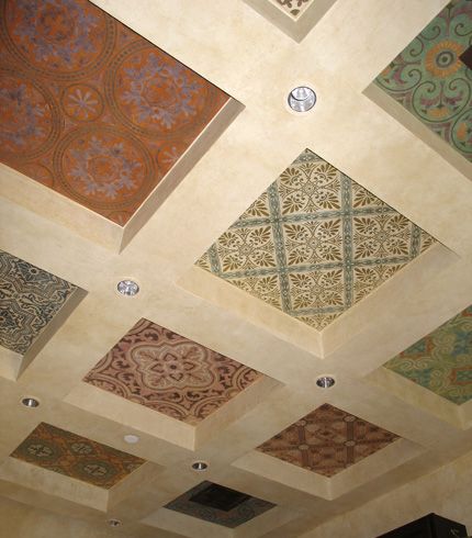 Tile Patterns from Floor to Ceiling - Paint + Pattern Heritage Ceiling Design, Decorative Ceiling Ideas, Carpet Ceiling, Mosaic Ceiling, Ceiling Pattern, Tile Ceiling, Hallway Ceiling, Flat Interior Design, Ceiling Paint