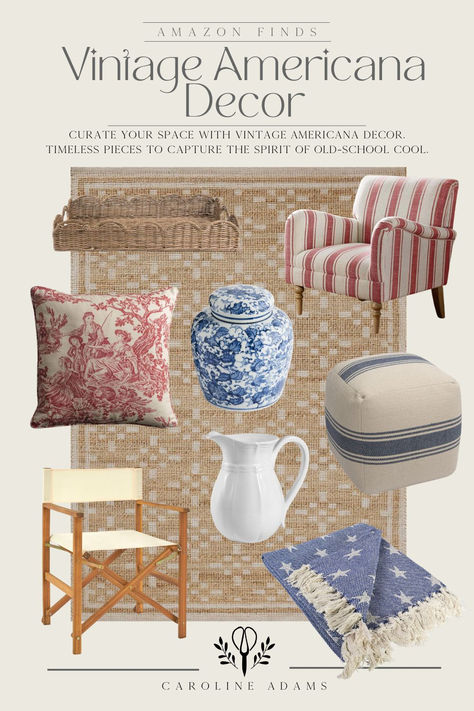 Transform your home into a summer oasis with vintage Americana decor! Explore patriotic finds and timeless vintage style to elevate your space. Discover charming home decor ideas perfect for the season. 🇺🇸 #HomeDecor #AmericanaDecor #VintageStyle #SummerDecor #AmazonFinds Vintage Americana Room, Americana Decor Farmhouse Style, Modern Americana Decor, Americana Room, Americana Living Rooms, Vintage Americana Decor, Vintage Americana Aesthetic, Americana Home Decor, Fourth Of July Celebration