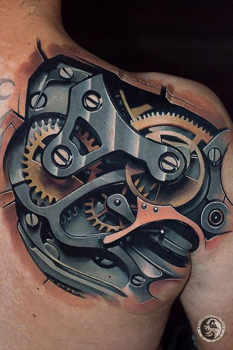 Mechanical tattoo for men done by tattoo artist Sergey Butenko | Wormhole Tattoo- Best choice for tattoo artists | #butenkoserik #tattooing #tattooist #tattoosforme #inkedtattoo #tattoos #tattooideas #tattoodesigns #tattoomodels #besttattoostyles #bodyart #skinart #tattooart #mechanicaltattoos #tattoosformen #tattooedmen #inkedmen #shouldertattoos #tattoopinterest #tattooflash | And we are posting a lot of video about tattoo supplies or tattoo skills on my YouTube channel "Wormhole Tattoo". Mechanical Shoulder Tattoo, Mechanical Arm Tattoo, Steampunk Tattoo Design, Lightsaber Tattoo, Biomech Tattoo, Biomechanical Tattoo Design, Tatoo 3d, Gear Tattoo, Blade Tattoo