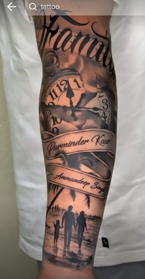 Arm Tattoo Men Family, Quadriceps Tattoo Men, Family Tattoo Men, Family Name Tattoos For Men, Tattoo Ideas For My Kids, Family Tattoo Ideas For Men Arm, Kids Name Tattoos For Men, Family Sleeve Tattoo, Family Name Tattoos