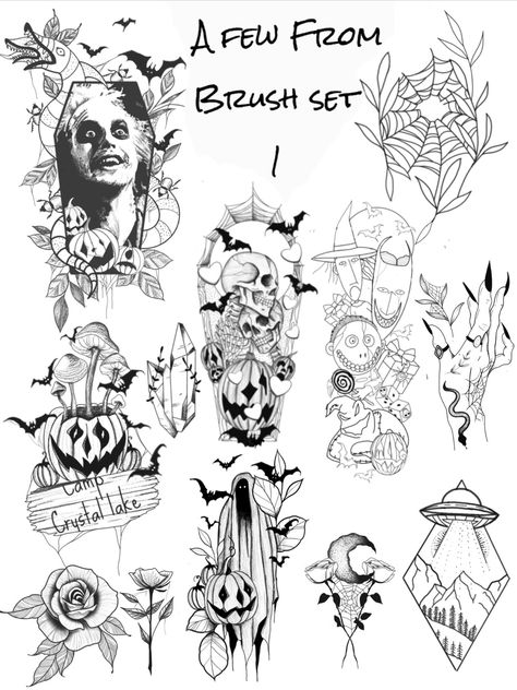 Halloween Horror Tattoo Ideas, Tattoo Stencils With Shading, Easy Halloween Tattoo Flash, Halloween Tattoo Flash Sheet, Flash Halloween Tattoo, Flash Tattoo Blackwork, Tattoo Halloween, Halloween Tattoo Designs, Horror Tattoo Stencil