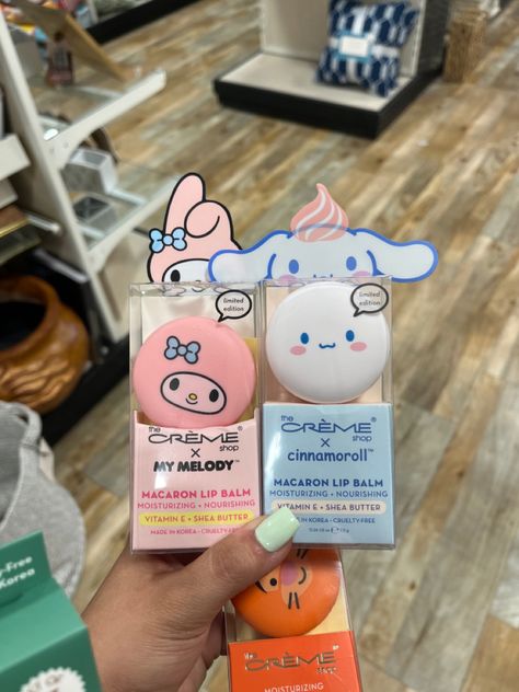 #thecremeshop #sanrio #mymelody #homegoods #homegoodsfinds #cheap #lipbalm #limitededition #cinnamaroll Creme Shop Sanrio, Sanrio Creme Shop, Sanrio Macaron Lip Balm, Kawaii Lip Balm, Sanrio Style, Sanrio Cosmetics, Sanrio Mymelody, Macaron Lip Balm, The Creme Shop