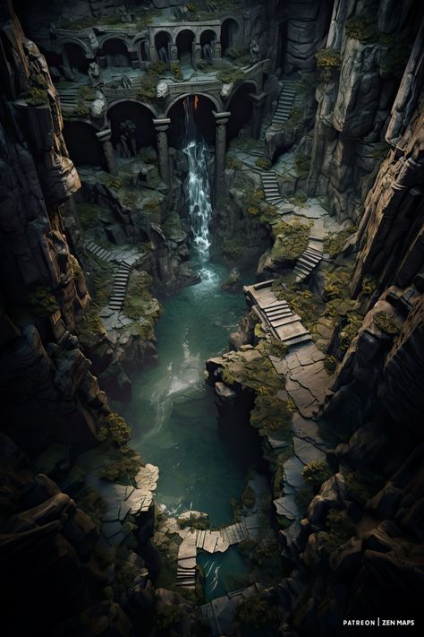 Mirkwood Forest Hobbit, Abandoned City Fantasy Art, Abandoned Fantasy City, Waterfall Design Minecraft, Dnd Landscape Concept Art, Dungeons And Dragons Landscape Art, Catacombs Concept Art, Cave Environment Concept Art, Fantasy Dungeon Aesthetic