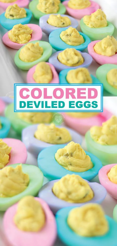 Colored Deviled Eggs are so beautiful! A very easy, special touch for Easter and fun to do for baby showers as well. Deviled Eggs For Easter, Colored Deviled Eggs, Easter Deviled Eggs, Easter Party Food, Smart School House, Easter Foods, Eggs For Easter, Easter Appetizers, Easter Dishes