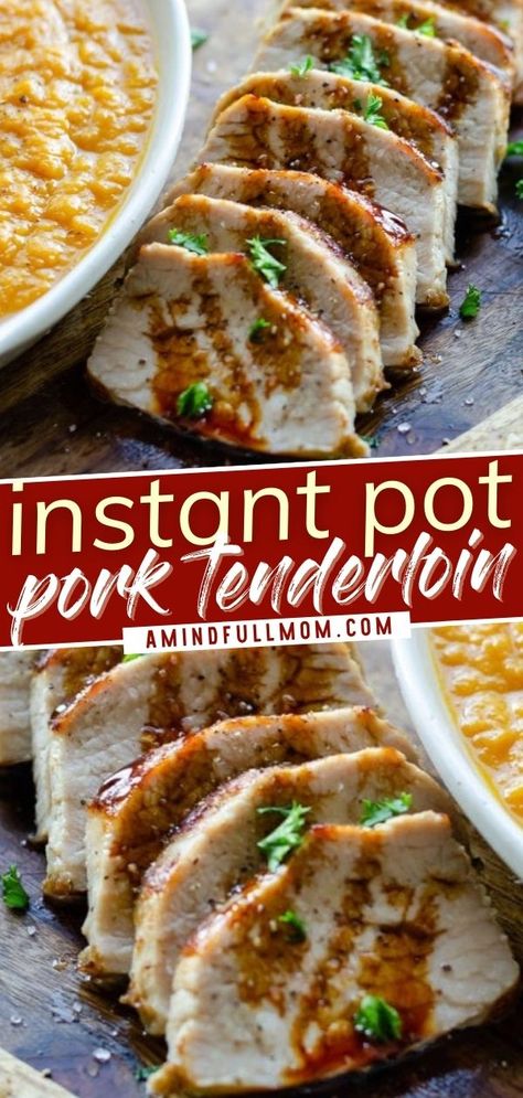 This recipe is a great way to make dinner all in one pot! The Instant Pot perfectly cooks up pork tenderloin along with a delicious sweet potato apple mash. In less than 30 minutes, you can have an easy, healthy meal that is sure to be a family favorite during winter! Pork Tenderloin Instant Pot Cook Time, How To Cook Pork Tenderloin In Instapot, Pork Tenderloin In Pressure Cooker, Pork Tenderloin Insta Pot, Pre Seasoned Pork Tenderloin Instant Pot, Instant Pot Pork Tenderloin And Rice, Pressure Cooker Pork Loin Recipes, Pressure Cook Pork Tenderloin, Ip Pork Tenderloin