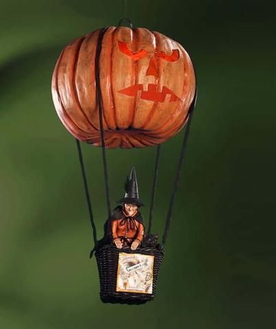 Halloween Hot Air Balloon with Pumpkin with Witch & Cat - Bethany Lowe Hot Air Balloon Pumpkin Decorating, Halloween Hot Air Balloon, Hot Air Balloon Pumpkin, Paper Mache Air Balloon, Steampunk Balloon Ship, Steampunk Hot Air Balloon, Witch And Cat, Vintage Paper Mache Halloween, Decorated Pumpkins