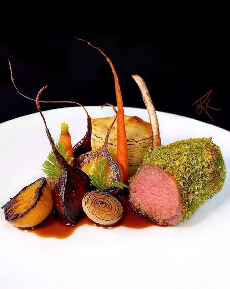 Rack Of Lamb Plating, Lamb Rack Plating, Lamb Plating, Meat Plating, Crusted Lamb Rack, Lamb Racks, Herb Crusted Lamb, Herb Crusted Rack Of Lamb, Roast Celeriac