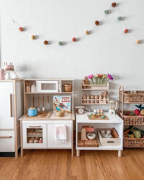 Play Kitchen Extra Storage, Play Kitchen And Market, Play Kitchen Must Haves, Play Kitchen Counter Space, Play Kitchen Organization Ideas, Ikea Play Kitchen Storage, Play Kitchen In The Kitchen, Kids Kitchen Set Up, Diy Ikea Play Kitchen