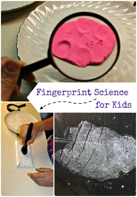 Awesome hands-on science activity -- fun way to be a detective at home!  Includes a great book list of fun mystery reads too. Fingerprint Activities, Fingerprint Science, Geheimagenten Party, Science Camp, Spy Party, Science Club, Activities For Kindergarten, Science Activities For Kids, Forensic Science