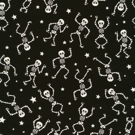 Glow-O-Ween by Kanvas Studio is a bright and fun Halloween collection with adorable, spooky designs! Not only does this collection feature adorable Halloween prints, but these patterns also glow in the dark! This fabric features dancing white skeletons with tossed ditzy stars on a black background. Width: 43"/44" Material: 100% Cotton Swatch Size: 8" x 8" Spooky Pattern, Halloween Glow In The Dark, Idea Generation, Skeleton Pattern, Site Sign, Spooky Designs, Shabby Fabrics, Halloween Aesthetic, Pattern Collection