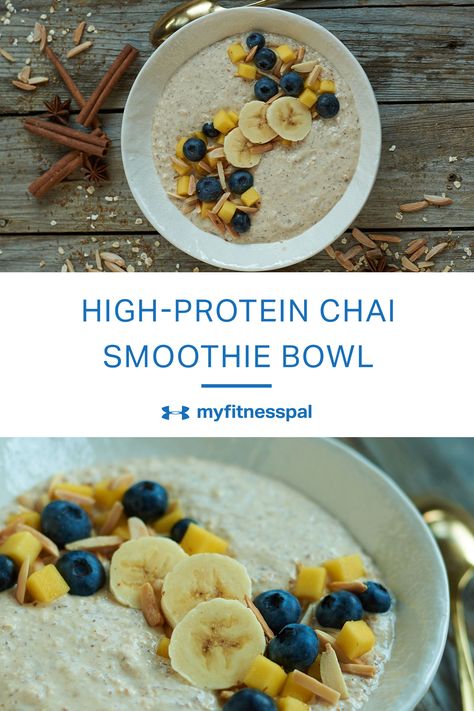 Chai spices are whipped together with Greek yogurt and flax seeds in this breakfast smoothie bowl recipe, packing it full of protein and flavor. Chai Bowls Breakfast Recipes, Chai Smoothie Bowl, Chia Smoothie Bowl, Chi Seed Recipes, Yogi Recipes, Breakfast Smoothie Bowl Recipes, Chai Smoothie, Chia Bowl, Tropical Smoothie Cafe