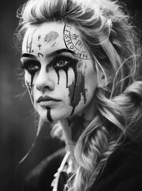 Viking Woman Tattoo Design, Viking Shield Maiden Tattoo, Viking Women Tattoo, Viking Girl Tattoo, Female Viking Tattoo, Viking Face Tattoo, Viking Woman Tattoo, Viking Makeup Female Warrior, Viking Female Warrior Tattoo