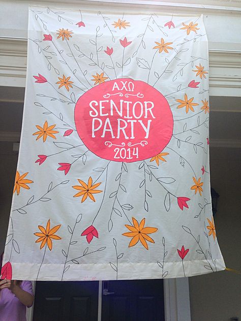 AXO Senior Party banner Sorority Senior Banner, Sorority Senior Send Off, Cheer Decor, Sisterhood Retreat, Sorority Photoshoot, Senior Party, Senior Banner, Sorority Banner, Alpha Chi Omega