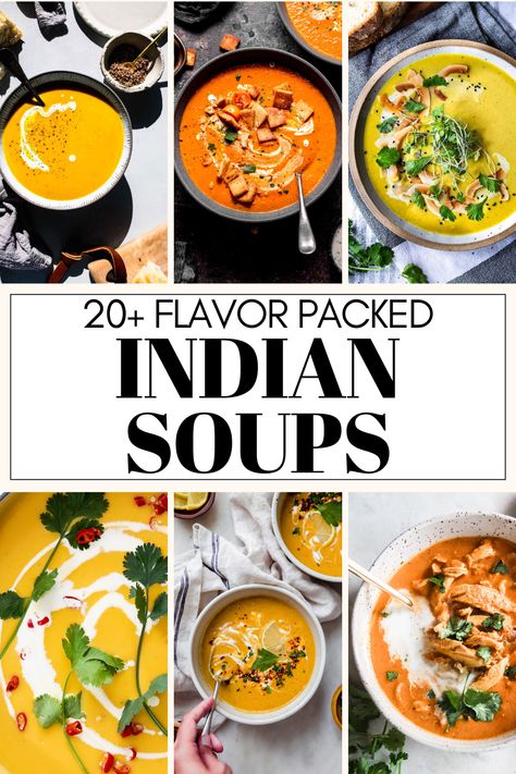 Looking for some tasty Indian soups for dinner or lunch? There are so many great options! From Mulligatawny Soup, to Curried Butternut Squash Soup, Tikka Masla Soup, and more! Here are 20+ delicious Indian soup recipes to try at home! Soups Vegetarian Indian, Indian Spiced Butternut Squash Soup, Indian Pumpkin Soup, Soup Recipes Indian, Pumpkin Butternut Squash Soup, Indian Soup Recipes, Thai Butternut Squash Soup, Indian Lentil Soup, Soups For Dinner