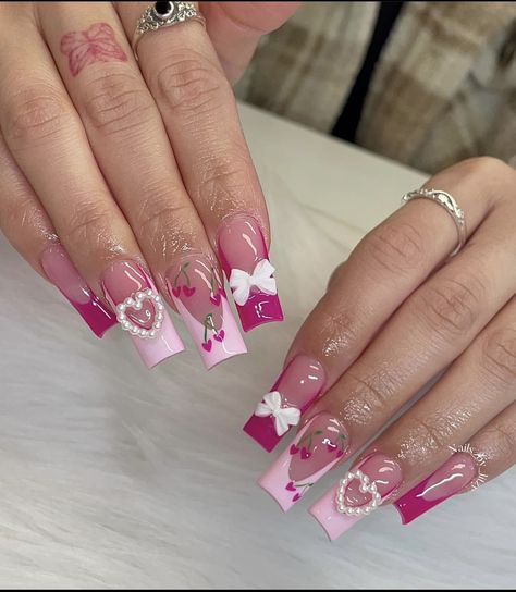 Gel X Nail Designs Short, Cute Pink Short Nails, Square Nail Designs Summer, Nails Square Design, Vintage Nail Designs, Short Pink Nail Designs, Different Design On Each Nail, Uñas Cute, Nail Inspo Red