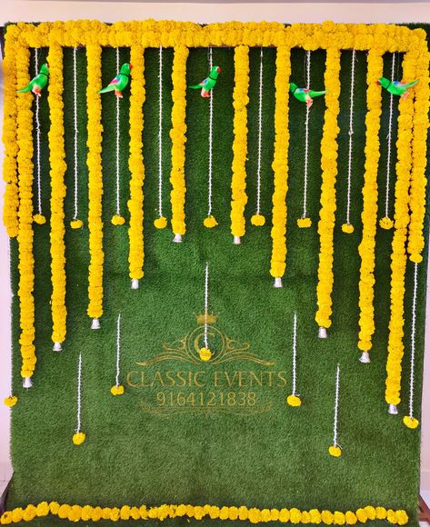 Background Decoration For Ganpati, Grass Background Decoration, Green Grass Background Decoration, Haldi Mandap, Indian Backdrop, Mehendi Decoration, Leaves Backdrop, Indian Baby Shower Decorations, Leaf Decor Wedding