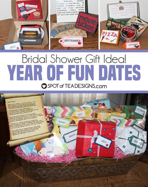 Year of Fun Dates Bridal Shower Gift - open one gift each month for their first month of marriage | spotofteadesigns.com Bridal Shower Gift Wrapping Ideas, Bridal Shower Gifts For Guests, Inexpensive Bridal Shower Gifts, Shower Gifts For Guests, Funny Bridal Shower Gifts, Cute Bridal Shower Gifts, Creative Bridal Shower Gifts, Diy Bridal Shower Gifts, Bridal Shower Gift Bags