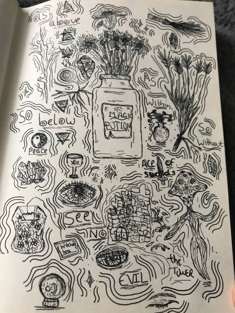 Dark Academia Doodles Easy, Mystic Doodles, Spiritual Doodles, Esoteric Doodles, Witchy Sketchbook, Witchy Doodles, Spiritual Doodles Art Journaling, Types Of Art, Amazing Art