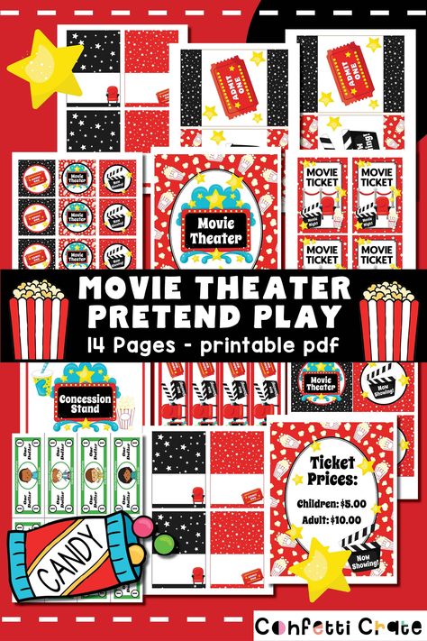 Movie theater pretend play printable pack in a pdf file. Includes 14 printable pages. The printable pdf files come in an instant download to your email directly after your purchase. This is not editable. INCLUDES: 1. Sign with Banner 2. Area Labels 3. Decorations to put on items for sale 4. Water Bottle Labels 5. Larger Decorations 6. Food Tents 7. Tickets Sign 8. Tickets 9. Play Money INSTANT DOWNLOAD: HOW IT WORKS This is a printable pdf file that you can instantly download after purchasing. E Relationship Activities Couples, Playdate Activities, Pretend Play Printables, Dramatic Play Printables, Purposeful Play, Homeschool Preschool Activities, Dramatic Play Preschool, Dramatic Play Area, Play Pretend