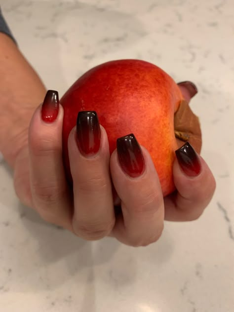 Candy apple red with black nail powder dusting at the tips Red Almond Nails Halloween, Red To Black Nails, Candy Apple Red Nails Acrylic, Red And Black Ombré Nails, Black Nails With Red French Tip, Red Nails Black Tips, Red Nails With Black Tips, Black To Red Ombre Nails, Red To Black Ombre Nails