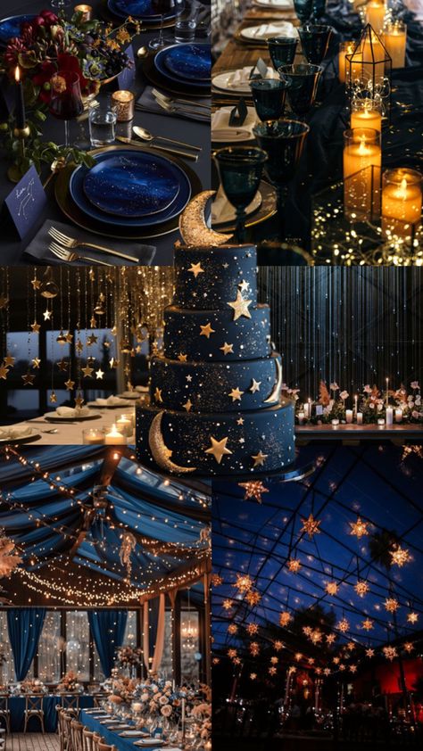 Midnight Blue Themed Wedding, Midnight Blue And Gold Aesthetic, Starry Skies Aesthetic, Intimate Party Decor, 18th Birthday Debut Theme, Starry Night Debut Theme Midnight Blue, Space Theme Quinceanera, Star And Moon Themed Wedding, Starry Night Themed Prom