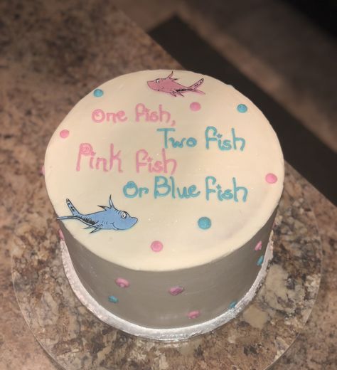 Dr Seuss gender reveal cake Dr Seuss Gender Reveal Ideas, Lake Gender Reveal Ideas, Rainbow Gender Reveal Cake, Fish Gender Reveal Ideas, Dr Seuss Gender Reveal, Fishing Gender Reveal, Disney Gender Reveal, Gender Reveal Cakes, Baseball Gender Reveal