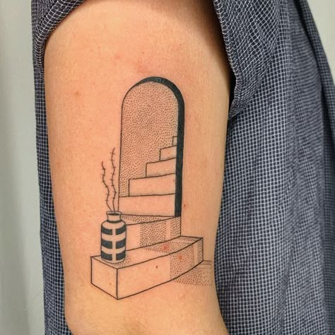 Tattoos For Architects, Interior Designer Tattoo, Stairway Tattoo, Contrast Tattoo, Staircase Tattoo, Stairs Tattoo, Tattoo Money, Austin Tattoo, Flash Design