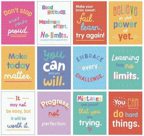 Growth Mindset Wall Décor: Instill a positive attitude in kids with the Carson Dellosa Growth Mindset Posters―great for families, parents and counselors.

Poster Dimensions: Each motivational poster in the classroom posters set measures 11 inches x 8 ½ inches―great for bulletin board decorations, wall decoration, calm down corner supplies, etc.

What’s Included: The inspirational posters set includes 12 classroom essentials growth mindset posters with inspirational quotes. Found on Amazon! Positive Desk Notes, Motivational Bulletin Boards, Inspirational Bulletin Boards, Quotes Teacher, Positive Classroom Environment, Mini Posters, Growth Mindset Posters, Growth Mindset Quotes, Carson Dellosa