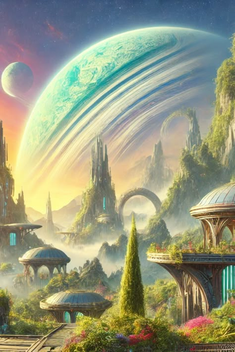 Step into a breathtaking utopia on an alien planet, where nature and advanced civilization coexist in perfect harmony. This vivid scene showcases towering mountains, lush vegetation, and futuristic architecture set against the backdrop of distant planets. Discover the beauty of a transhumanist world where technology enhances the natural environment. Perfect for lovers of science fiction, futurism, and fantasy art. 🌿✨ Sci Fi Planet Landscape, Fantasy Planets Art, Earth Like Planet Concept Art, Other Planet Landscape, Natural Futurism, Utopia Painting, Alien Worlds Landscape, Alien Planet Concept Art, Utopia Aesthetic