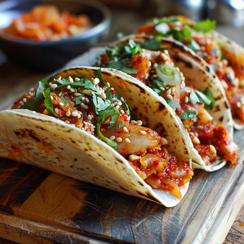 🌮🥬 Enjoy a Korean-Mexican fusion with these flavorful Kimchi Tacos! Perfect for a dinner full of zest and a spicy kick. 🌮🥬 Kimchi Tacos, Korean Mexican Fusion, Korean Fusion Food, Fusion Food, Kimchi, Tacos, Vegan Recipes