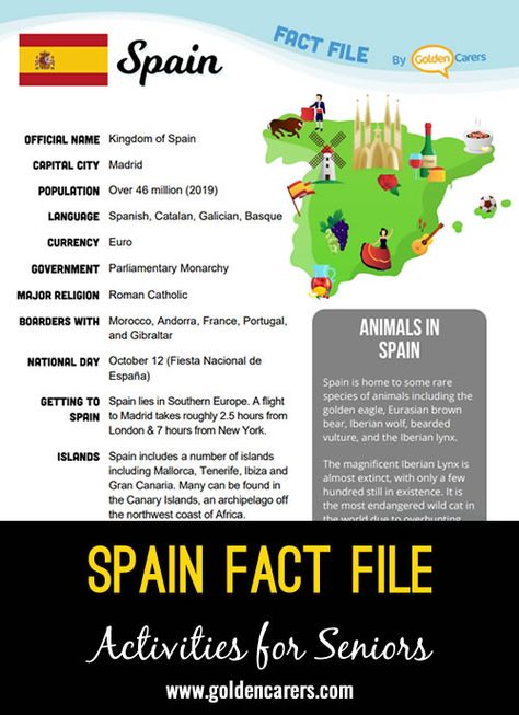 An attractive one-page fact file all about Spain. Print, distribute and discuss! Spain Activities, Fun Facts About Spain, Facts About Spain, Multicultural Activities, International Family Day, All About Spain, Backpacking Spain, Spain Print, Education Poster Design