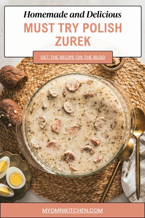 Elevate your soup game with this authentic Zurek recipe! Packed with flavor from fermented rye flour, this Polish specialty is sure to impress your taste buds and warm your soul.  #zurek #sourryesoup #polishsoup #polishzurek #kielbasa #bialakielbasa #easterzurek #eastersoup #zakwas #polskazupa #zupa #traditions #polishcuisine Zurek Soup, Polish Food Traditional, Polish Soup, Soup Broth, Rye Flour, Sour Soup, Aromatic Herbs, Polish Recipes, Smoked Sausage