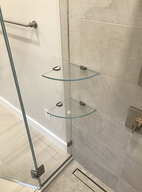 Glass Shower Shelves, Glass Shelves In Bathroom, Glass Shelves Decor, Glass Shelves Kitchen, Shower Renovation, Floating Glass Shelves, Diy Dresser Makeover, Diy Accent Wall, Shower Storage