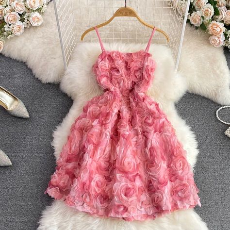 22.31US $ 20% OFF|Chic Women Dress Pink 3D Flower Spaghetti Strap A Line Lace Up Mini Dresses 2023 Summer Romantic Beach Vestidos| |   - AliExpress Small Waist Dress, 3d Rose Dress, Feminine Clothes, Elegant Cocktail Dress, Vintage Formal Dresses, Dress Cottagecore, Dress Occasion, 3d Rose, Spring Floral Dress