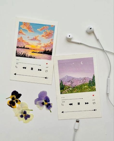 Painted Poloroid Pictures Ideas, Spotify Watercolor, Spotify Bookmark, Spotify Painting Ideas, Small Painting Ideas Aesthetic, Polaroid Pictures Drawing, Mini Watercolor Painting, Card Painting Ideas Acrylic, Kpop Painting Ideas Easy