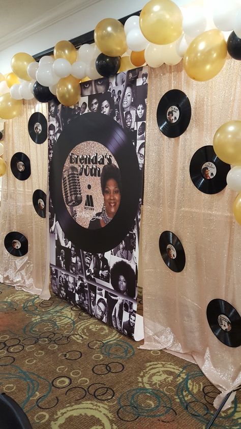 1970s Theme Party Ideas, Soul Train Party Centerpieces, 70s Theme Backdrop, 70s Party Favors For Adults, Soul Train Themed Party Decorations, Motown Party Decorations, Motown Decorations, Vinyl Record Backdrop, Retro Theme Decoration