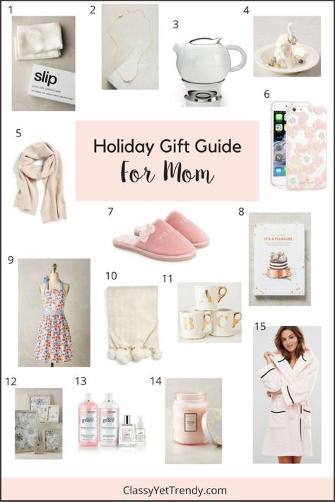 Holiday Gift Guide: For Mom - the perfect Christmas presents ideas - robe, plush throw, teapot, spa set perfume, slippers, necklace, candle, pillow cover, apron, cookbook. Christmas Presents Ideas, Christmas Presents For Moms, Mom Gift Guide, Classy Yet Trendy, Diy Gifts For Mom, Presents Ideas, Mom Gift Ideas, Unique Gifts For Mom, Spa Set