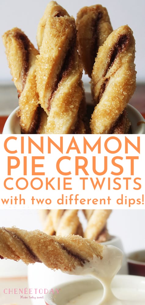 You can make the best cinnamon cookies using extra leftover pie dough, twirled into dippable cookie sticks! This easy recipe is one of the best ways to use pie crust scraps and is filled with cinnamon sugar and made with creamy vanilla icing and rich salted caramel for dipping. Make this pie crust cookie recipe with a homemade crust or a store-bought Pillsbury crust! #piecrustcookie #piecrustcookies #piedough #piecrust #cinnamon #easycookies #cookierecipe Air Fryer Pie Crust Desserts, Ready To Use Pie Crust Recipes, Food To Make With Pie Crust, Recipes Using Pillsbury Pie Dough, Boxed Pie Crust Recipes, Recipes To Use Up Pie Crust, Things To Make With Premade Pie Crust, How To Use Frozen Pie Crust, Extra Pie Crust What To Do With